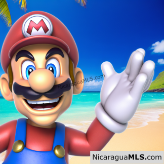 A very happy Super Mario at a tropical secluded beach gesturing hello!