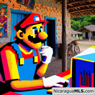 Super Mario at a computer in a nicaraguan style rancho.
